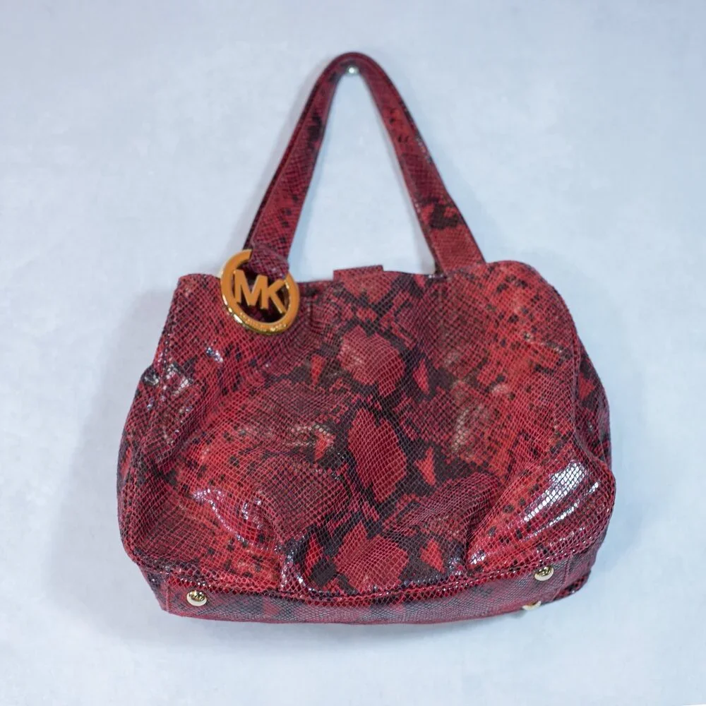 Michael Kors Fulton East-West Tote Red Python Embossed Leather Bag Large